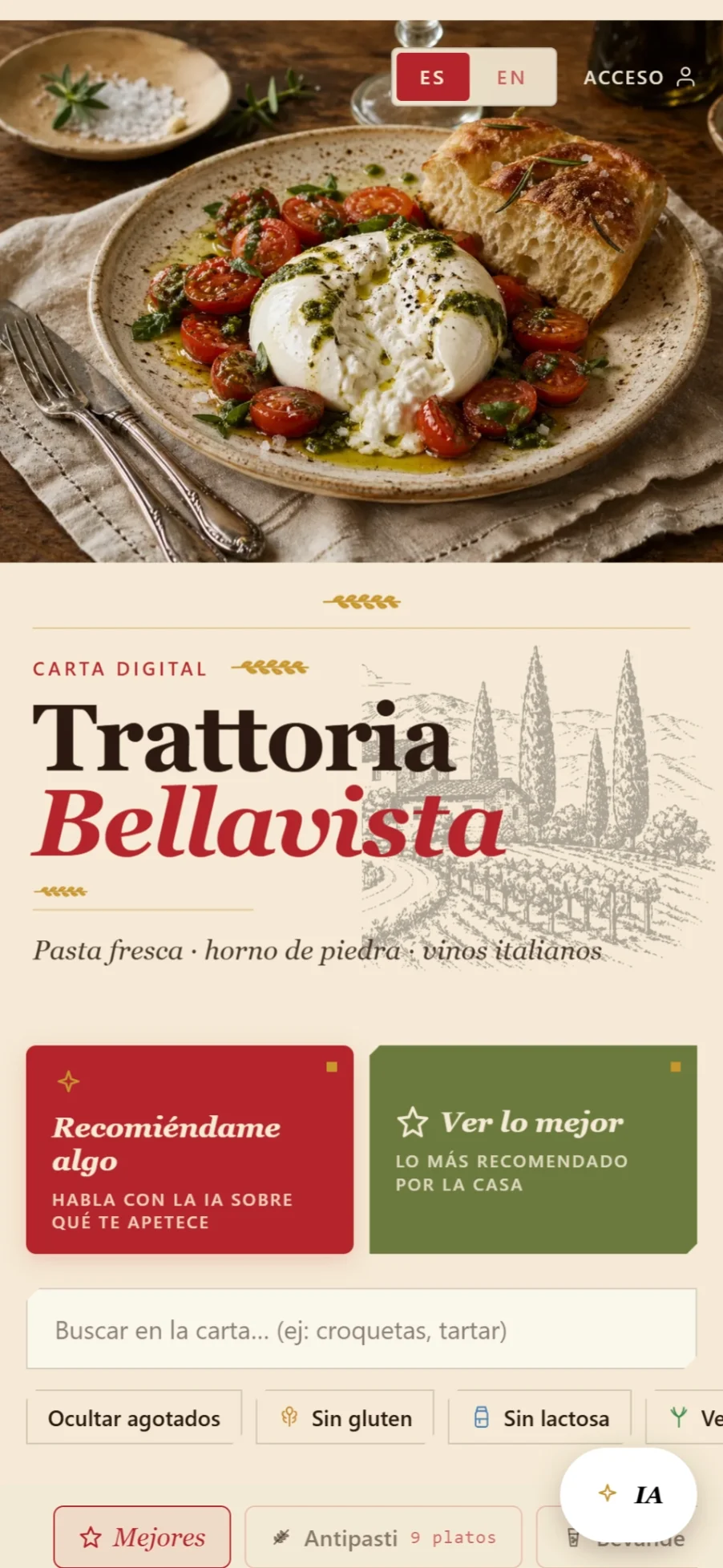 Captura de la carta Trattoria Bellavista en el móvil
