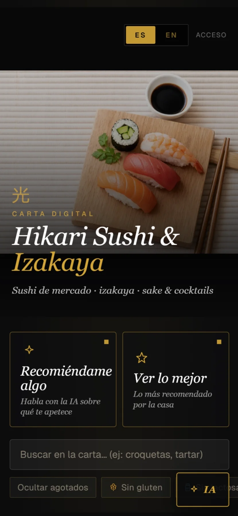 Captura de la carta Hikari Sushi en el móvil